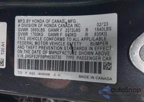 2023 Honda Civic Sport from USA, damaged, VIN 2HGFE2F59PH530730